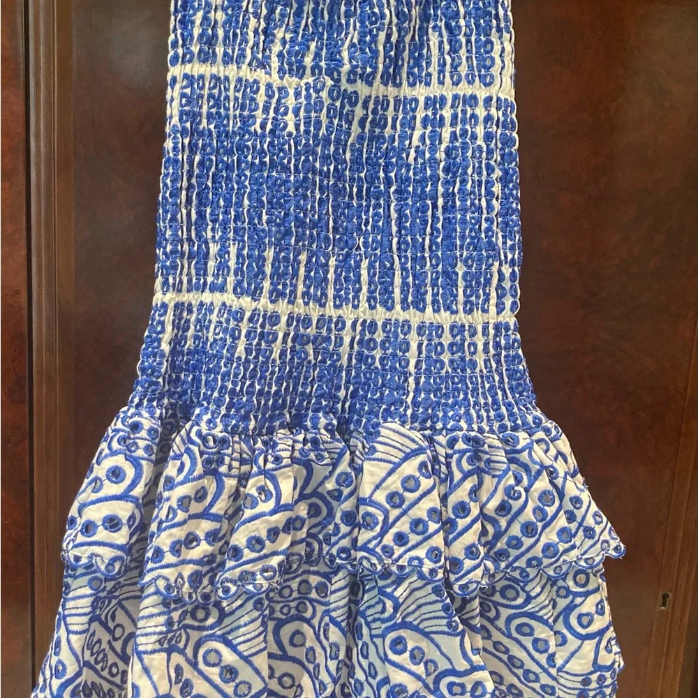 Blue White Eyelet Smocked Drop Waist Dress. Never worn. New with tags. - Picture 3 of 5